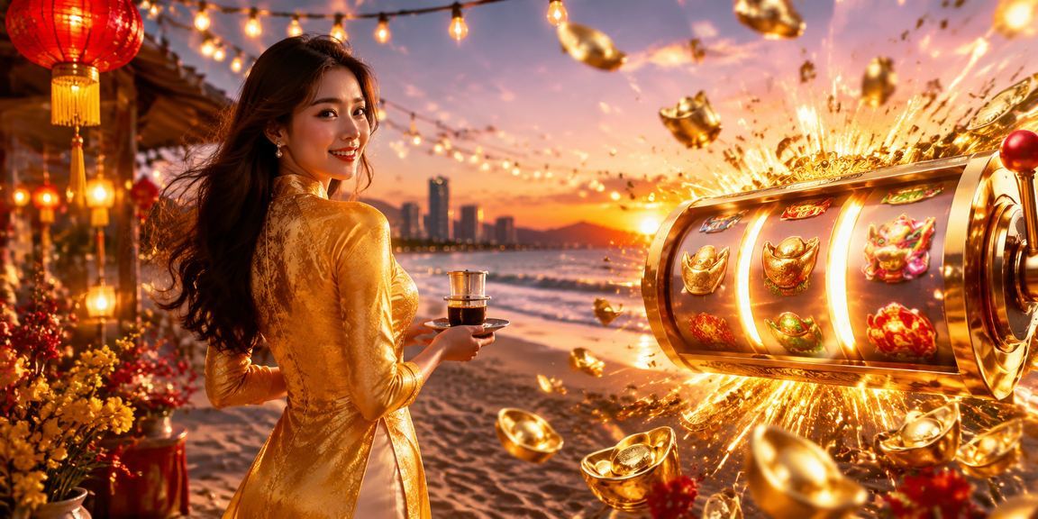 Cô gái mặc áo dài ngồi bên bờ biển Đà Nẵng thao tác trên điện thoại để kích hoạt voucher slot game