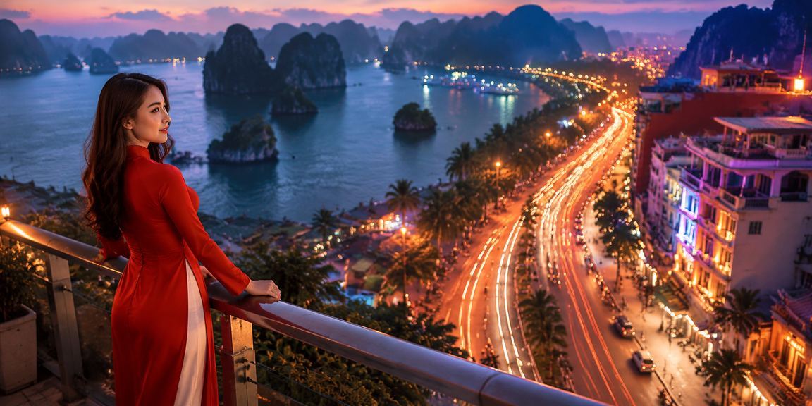 Người phụ nữ mặc áo dài chơi slot game trên điện thoại với khung cảnh Vịnh Hạ Long phía sau