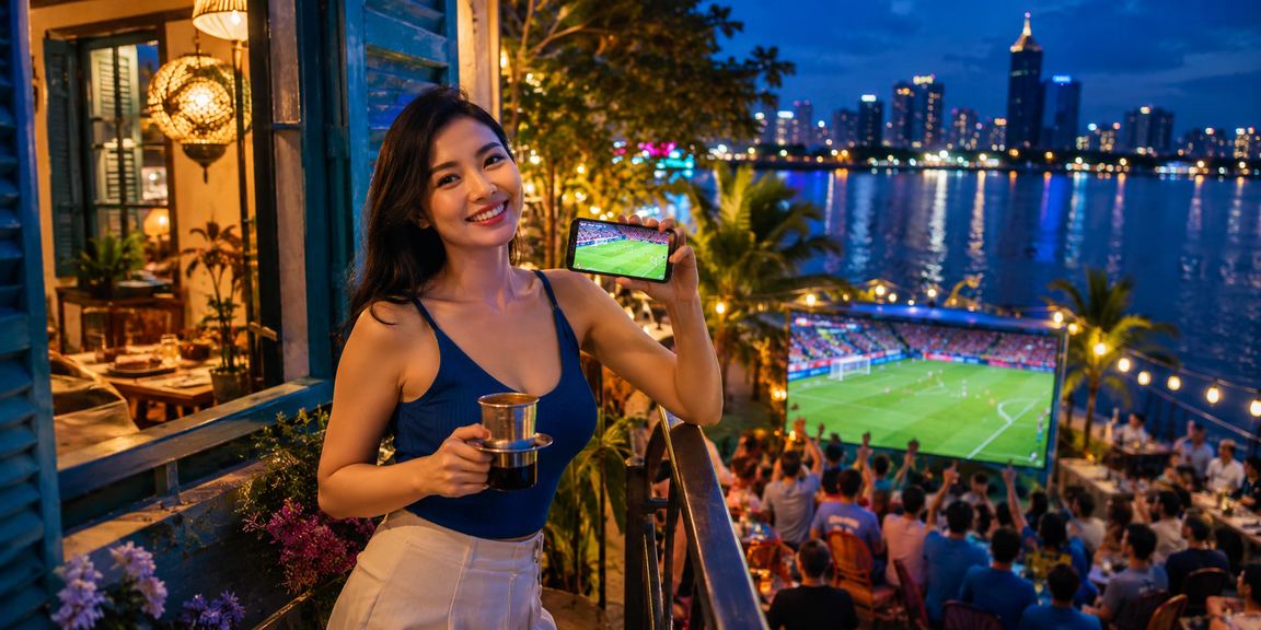 Nhóm bạn trẻ tại TP Hồ Chí Minh xem bóng đá và theo dõi kết quả kèo cược trong quán cà phê tối