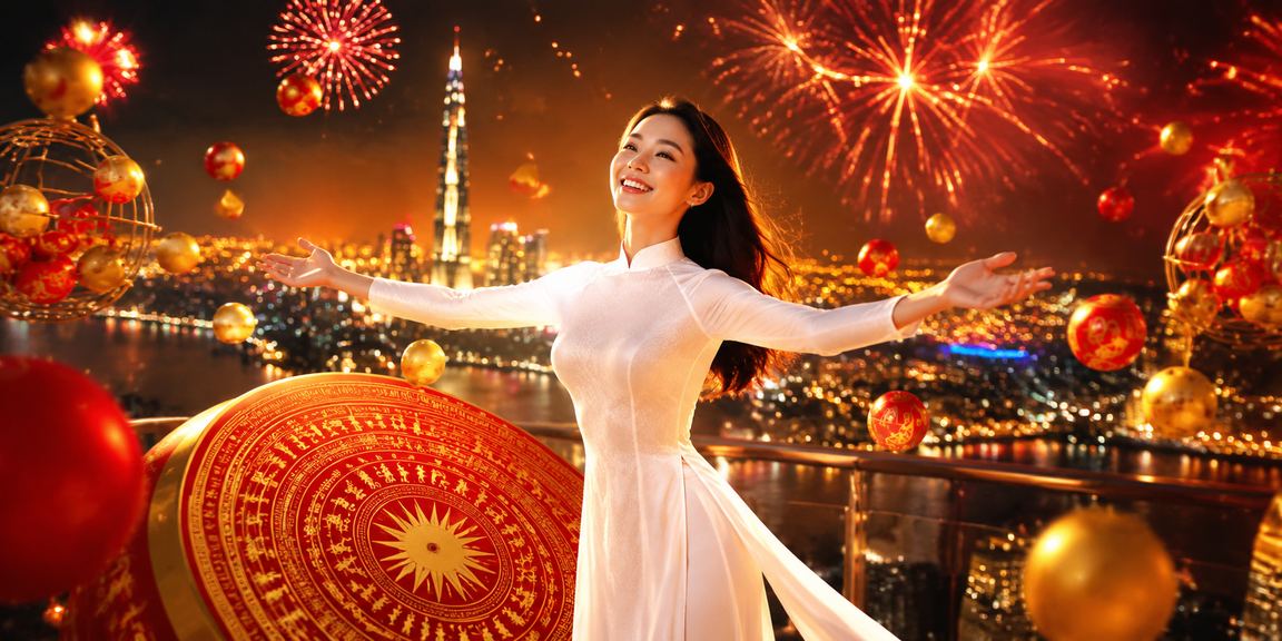 Người phụ nữ mặc áo dài nhận phiếu xổ số tại Thành phố Hồ Chí Minh trong không khí lễ hội sôi động