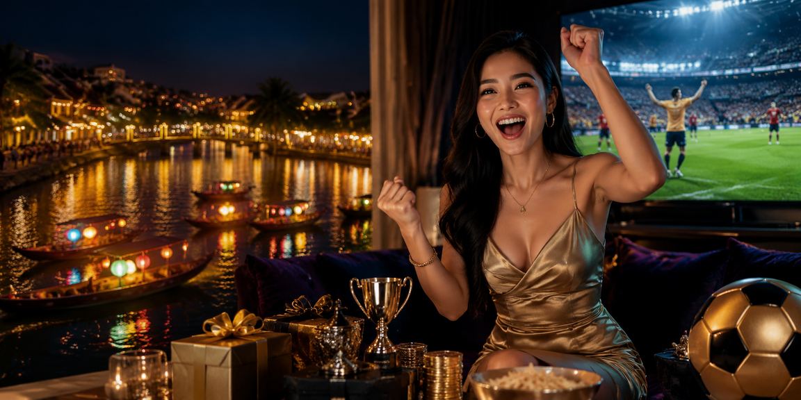 Người phụ nữ trẻ tại Hội An mặc trang phục truyền thống nhận thông báo bonus VIP trên điện thoại