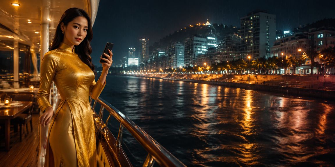 Người phụ nữ mặc áo dài tại Vũng Tàu theo dõi kèo cá cược thể thao trực tuyến trên điện thoại